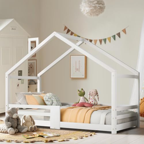 SoarFlash Kinderholzbett in Kaminform,96 x 209 cm,Vollkieferstruktur,Absturzsichere Seitenleisten,Lattenplattform,Einfach zu montieren,Weiß