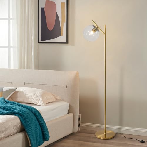 Image of Mid Century Brass Floor Lamps Vintage Clear Standing Lamp for Living Room Modern Tall Freestanding Lamps Retro Farmhouses Globe Floor Lamp for Bedroom Office