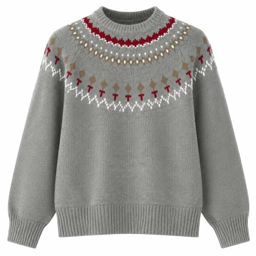 Women's Fair Isle Sweater Casual Vintage Crew Neck Knitted Sweaters Grey - image 3