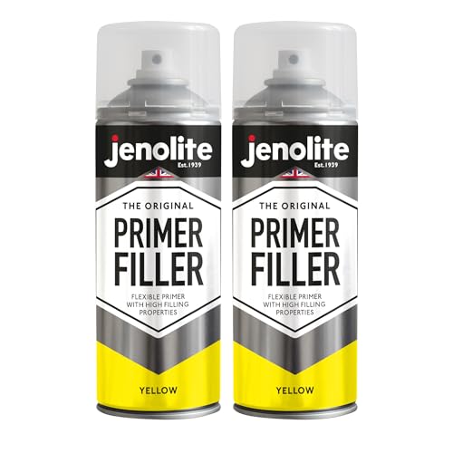 JENOLITE Primer Filler Sprühfarbe, gelb, hohe Füllung, für mehrere Oberflächen, füllt kleine Dellen und Kratzer, perfekt für Karosserie, 3D-Drucker-Modelle und mehr, 2 x 400 ml
