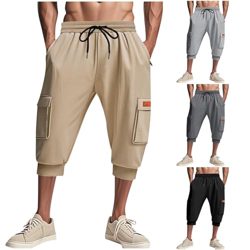 Men's Capri Sweatpants Mens Cropped Trousers Cargo Capris 3/4 Length Loose Fit Combat Pants Joggers Lightweight Bottoms with Pockets Elasticated High Waist Activewear Three Quarter Clothes Dark Gray