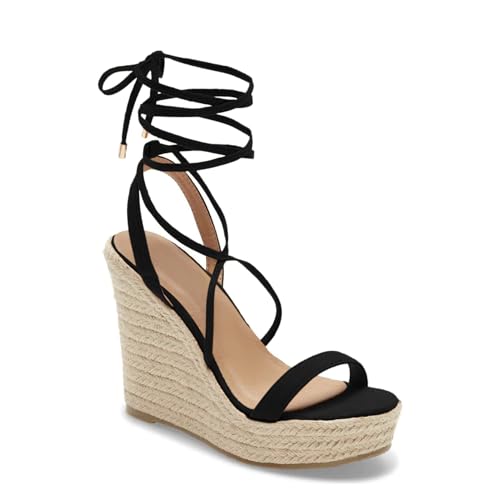 Image of Coutgo Women's Espadrille Wedges Lace Up Platform Ankle Cross Strap Slingback Summer Dress Sandals