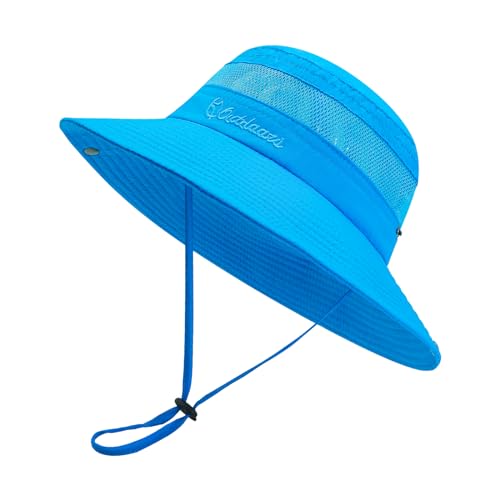 SEYUFN Damen Sonnenhut Outdoor Sommer Wanderhut Damen UV-Schutz Bucket Cap Faltbar Mesh Pferdeschwanz Breite Krempe Zum Safari Angeln (B-Kein Pferdeschwanzloch-Blau)