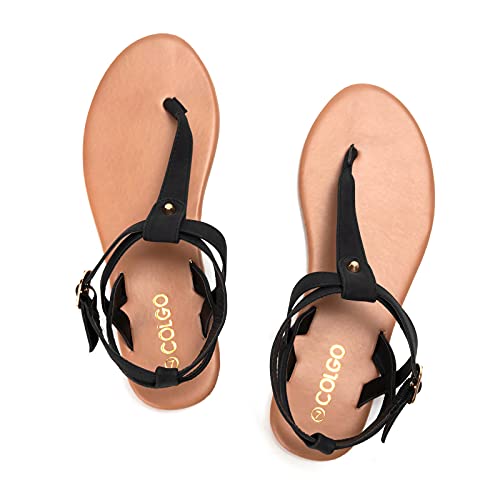 Colgo Thong Flat Sandals, Casual Women T-Strap Dress Sandals with Adjustable Ankle Buckle for Summer Wedding4