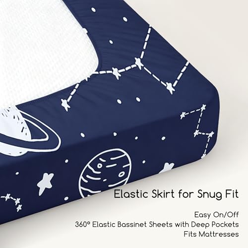 Image of 3 Pack Bedside Bassinet Sheets Girl & Boy 33 inch x 20 inch Rectangle | for Baby Delight, Newton, Airclub, Maxi Cosi, Angelbliss, Dream on Me, Mika, Harppa, Amke, Ezebaby Mattress, Navy Blue Planet