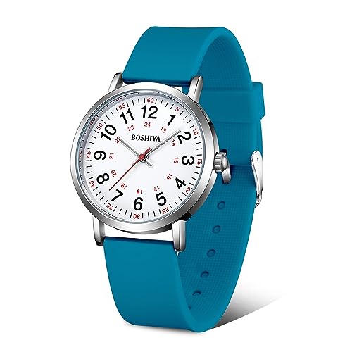 BOSHIYA Nurse Watch for Medical Professionals, Women Men - Waterproof Military Time Easy Read Dial, 24 Hour Nursing Watch with Second Hand, Soft Silicone Band