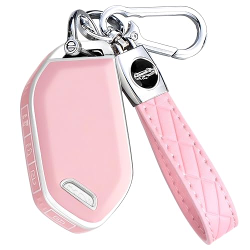Montague Key Fob Cover for KIA with Leather Keychain Premium TPU Key Case Shell for Kia Telluride Sorento X-Line K4/K5 GT-Line Remote Smart Key Fob Protector (5 Buttons Pink)