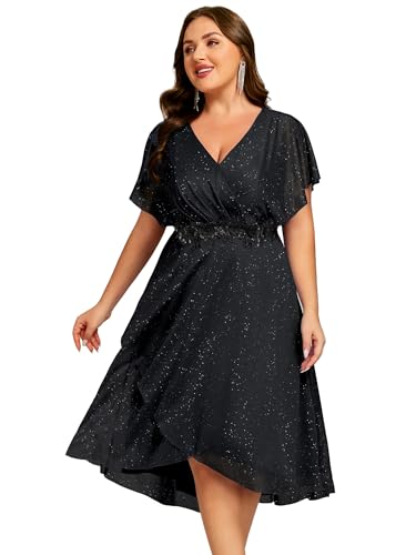 Image of Ever-Pretty Plus Women's V Neck Short Sleeves Pleated Applique High Low Glitter Midi Plus Size Wedding Guest Dresses