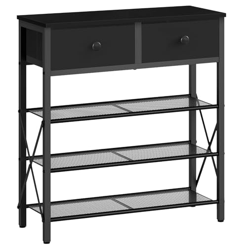 YATINEY 4 Tier Shoe Rack, Large Capacity Shoe Storage Organizer, Metal Shoe Shelf with Drawer and Wooden Top, for 16 Pairs of Shoes, for Entryway, Closet, Black SS24BB