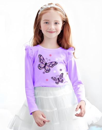 Girls Ruffle Long Sleeve Shirts Soft Crewneck Cute Butterfly Shirt Wild Like My Curls T-Shirts Pink Cotton Tee 2-7 Years2