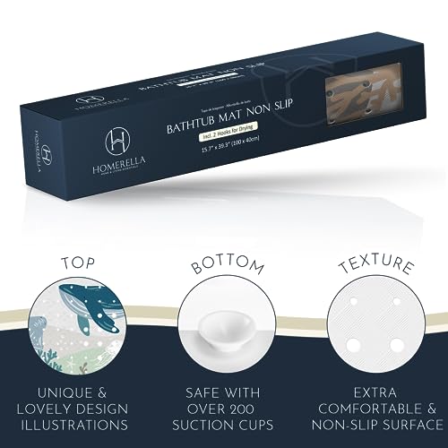 Homerella Baby Bath Tub Mat | Anti Mold Mildew Resistant Non Slip Kids and Adult Bath Tub Shower Mats | 40x16 inch Long with Suction Cups for Secure Grip Hooks for Storage & Drying | Machine Washable