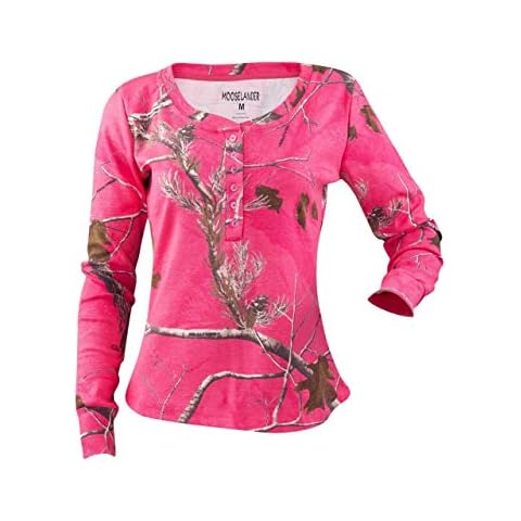 Mooselander – Ladies Long Sleeve Henley Shirt in Realtree Camo Print (AP Pink, XX-Large) Cover