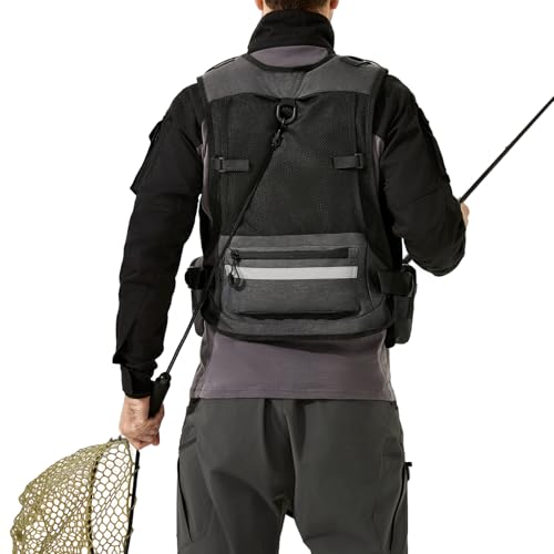 Image of Wading Hands Free Fishing Vest for Lure, Adjustable Straps (Grey) | Built in Rod Holder, Tackle Box Pocket, 3 Heavy Duty D Rings for Landing Net, Gripper and Plier, High Water Resistant Pockets