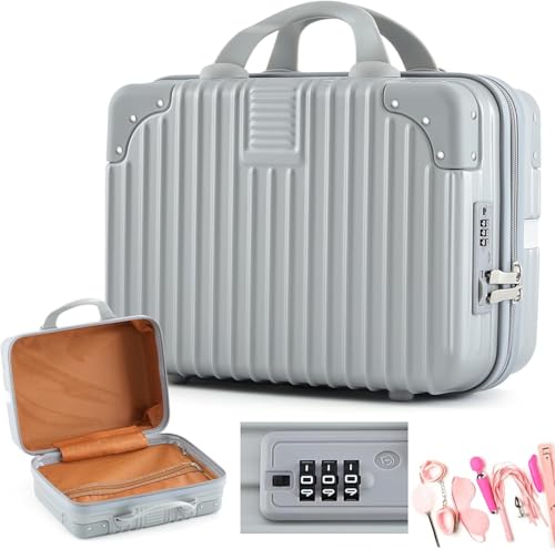 Image of Hard Shell Makeup Vanity Case for Women, Portable Travel Cosmetic Organizer Box with Handle & Zipper, Makeup Storage Case for Cosmetics, Jewelry & Toiletries, Silver Grey