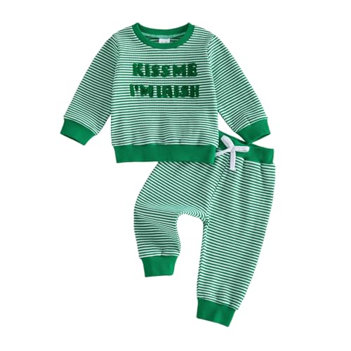 Cevoerf Toddler Baby Irish Clothing Set Fashionable Striped Long Sleeve Letters Embroidery Pullover with Pants 2Pcs Outfit (Green, 6-12 Months)