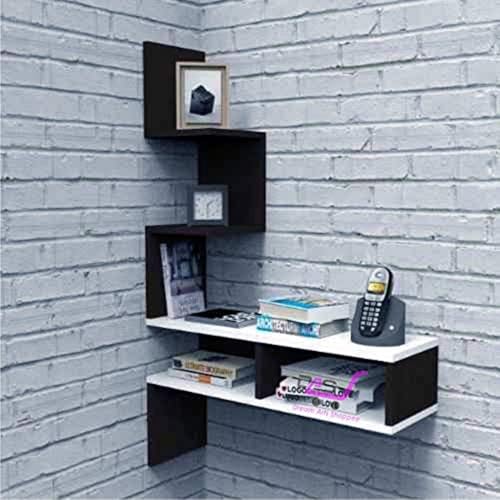 Image of Engineered Wood Painted Big Zigzag Corner Wall Mount Shelf Unit Racks and Shelves for Living Room (Black & White)