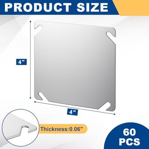 Frienda 60 Pack Metal Electrical Box Cover Plates, 4 Inch Electric Junction Box Covers, Square Flat Blank Outlet Panel, Galvanized Steel, Corrosive Resistant Plate with Angled Mounting Slots - 1
