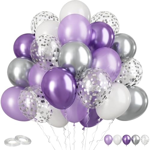 Image of Purple and Silver Balloons 60PCS Pastel Purple Balloons, 12 Inch Metallic Silver Confetti and White Latex Balloon for Girls Women Birthday Wedding Baby Shower Bridal Shower Graduation Party Decor