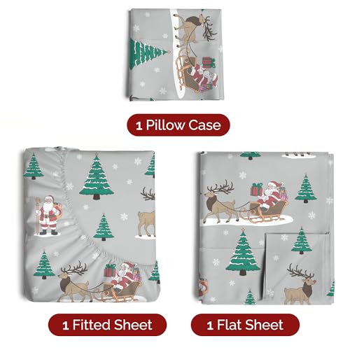Twin Christmas Santa’s Sleigh Sheet Set - Holiday Xmas Pattern Bedding Set - Deep Pockets - Snug Fit - 3 Piece - Wrinkle Free - Cooling Comfy Festive Winter Holiday Sheets for Women, Men, Kids & Teens