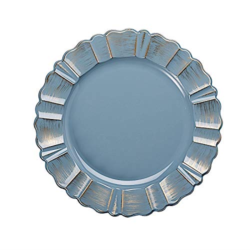Balsa Circle CHRG_PLST0004_086@001 6 Pcs 13-Inch Dusty Blue Gold Round Scalloped Trim Plastic Charger Plates Wedding Reception Event Decorations Supplies cover
