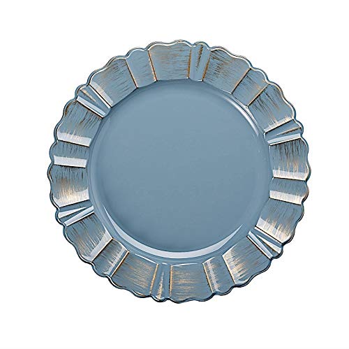 BalsaCircle 6 pcs 13-Inch Dusty Blue Gold Round Scalloped Trim Plastic Charger Plates Wedding Reception Event Decorations Supplies