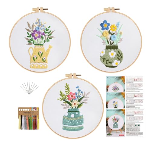 Image of GLTAYLMY 3 Pack Embroidery Starter Kit with Pattern, Stamped Cross Stitch Kits for Beginners Adults with Embroidery Hoop and Instructions, Hand Embroidery Kit