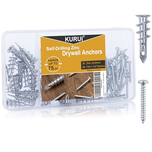 KURUI #8 Zinc Self-Drilling Drywall Anchors, 60PCs Hollow Metal Wall
