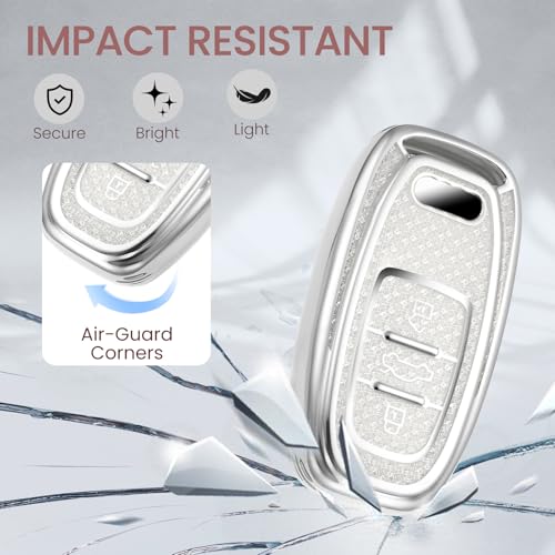Image of Key Fob Cover for Audi, Rhinestone Wristlet Keychain Case, White | Wear-resistant TPU shell, non-stretch rhinestone wristlet, daily splash, scratch and drop protection, normal signal use