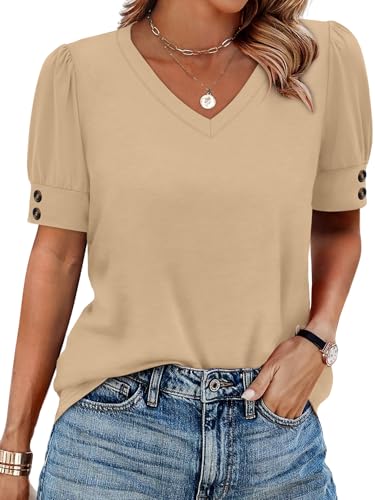 Image of OFEEFAN Womens Tops Short Sleeve Shirts Buttons V Neck Spring Fashion Summer Outfits Plus Size Blouses Dressy Casual