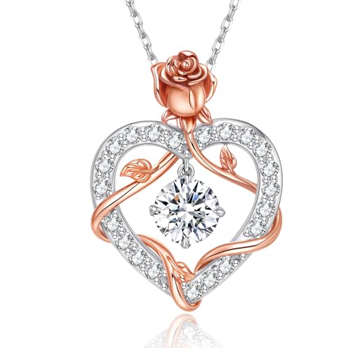 Moissanite Necklaces for Women, 925 Sterling Silver Rose Heart Initial Necklace, Moissanite Heart Necklaces for Women, Valentine's Day Gifts for Wife Girlfriend, Wedding Anniversary Birthday Christmas for Mom, Elegantly Gift-Boxed for Gifting