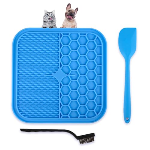 Pack: 1 Alfombrilla para Lamer Perros y Gatos,1 Espátula de Silicona y 1 Cepillo Limpiador. Comedero Perro Libre de BPA.Ideal Aseo,Baño,Grooming y Ansiedad. Comedero Gato Antivoracidad (1Pz Grande)