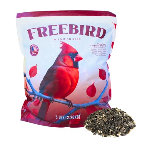 Wild Bird Seed for Outside Feeders by Freebird - Premium Songbird Blend with Sunflower, Safflower, Peanut Pieces, Red Millet and White Millet for Cardinals, Finches, and Colorful Wild Birds - 5lb Bag