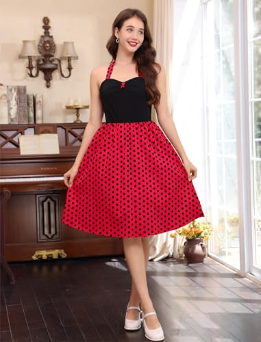 Image of 50s Dresses for Women Vintage 1950s Halter Retro Cocktail Dress 50s Polka Dot Pinup Rockabilly Audrey Hepburn Tea Party Dress