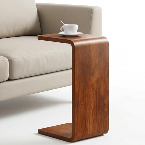 CHSSIH C-Shaped Wooden Side Table for Couch, Walnut