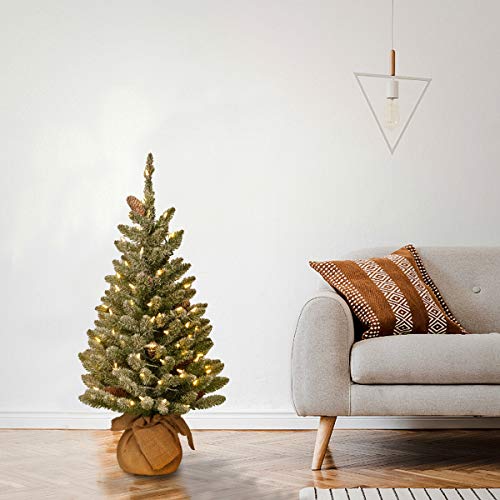National Tree Company Pre-Lit Artificial Mini Christmas Tree | Includes Small White Led Lights And Cloth Bag Base | Snowy Concolor Fir Burlap - 3 Ft, Brown/Green #TOP1