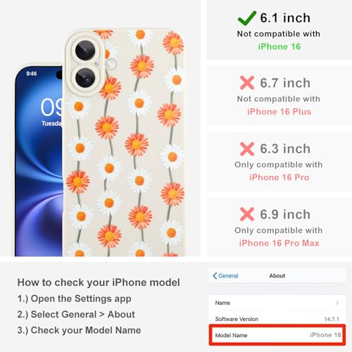 Image of Designed for iPhone 16 Case, Cute Daisy Flower Floral Pattern Design, Slim Soft TPU Liquid Silicone Protective Cover for Women Girls - White
