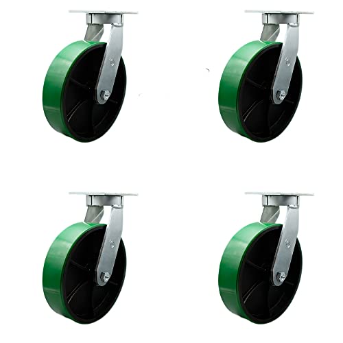 12 Inch Swivel Top Plate Caster Set Extra Heavy Duty Casters with Green Polyurethane on Cast Iron Wheels - Includes 4 Swivel with Bolt on Swivel Locks-Casters Set of 4 Heavy Duty- Service Caster Brand