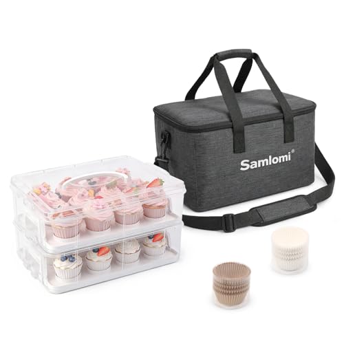 Samlomi Cupcake Carrier With Handle 2 Tier Cupcake Carrier 24 Muffin Cases Stackable Cake Caddy With Adjustable Compartments Cupcake Holder With Portable Insulated Bag and 200pcs Cupcake Liners