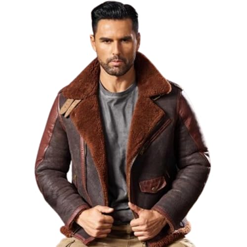 Denny&Dora Herren-Shearlingjacke Biker-Motorradjacke Amerikanischer Stil Schaffellmantel Dicke Kältebeständige Lederjacke (DE/NL/SE/PL, Alphanumerisch, L, Regular, Regular, Rötlich-Braun)