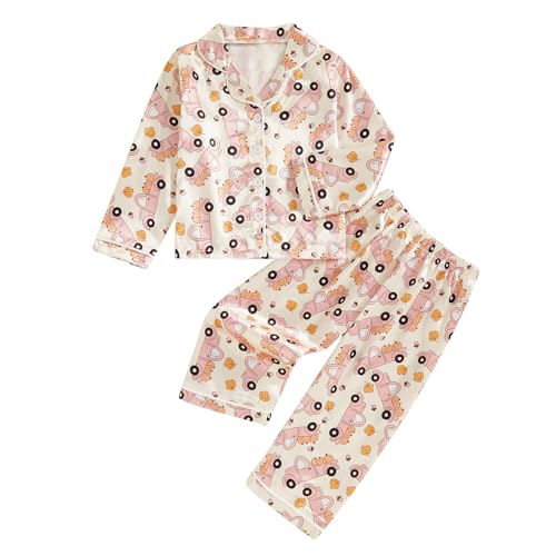Twopumpkin Toddler Girl Boy Halloween Satin Silk Pajamas Button Down 2 Piece Pajama Set Little Kids Girls Pjs Nightgown (Halloween Pumpkin Patch Pink, 4-5 Years)