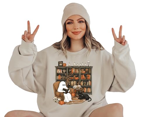 Ghost Reading Book Sweatshirt, Halloween Bookshelf Sweatshirt, Ghostly Bookish Hoodie, Black Cat and Book Sweatshirt, Cute Ghost Book Sweatshirt, Book Lover Halloween Sweatshirt.2