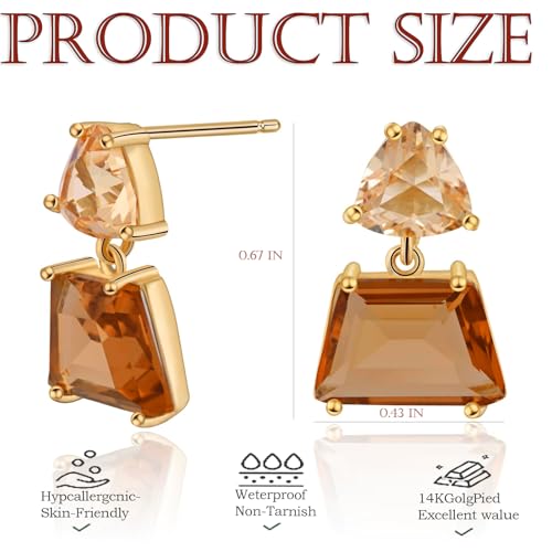 Small Brown Crystal Dangle Earrings for Women – Hypoallergenic Amber Drops, Lightweight Geometric Earrings for Sensitive Ears, Fashion Jewelry Gift for Birthday and Holidays3