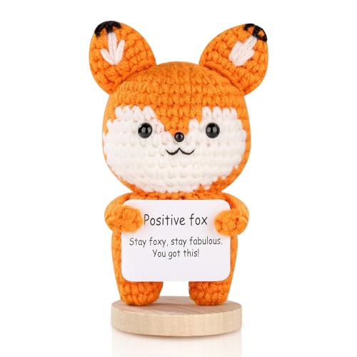 Mini Funny Positive Crochet Animals Fox Cute Crochet Fox with Positive Card and Wooden Base Handmade Emotional Support Gift Positive Gifts for Women Girls Teens Friend