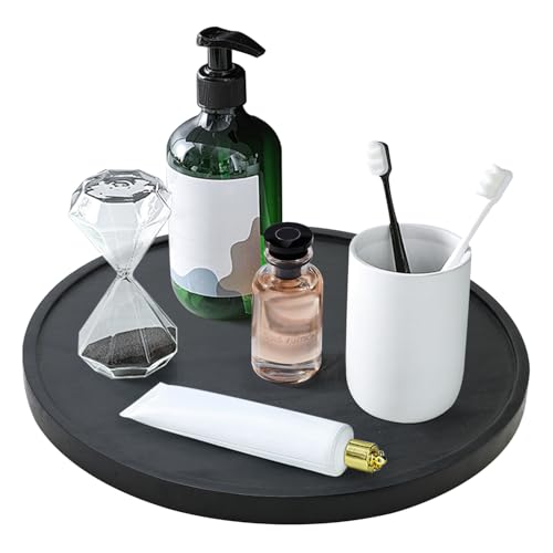 Black Wooden Bathroom Vanity Counter Tray Decor Round Perfume Dresser Trays Kitchen Sink Soap Dish Dispenser Holder Large Wood Lazy Susan Turntable for Table Rotating Bathroom Organizer Accessories