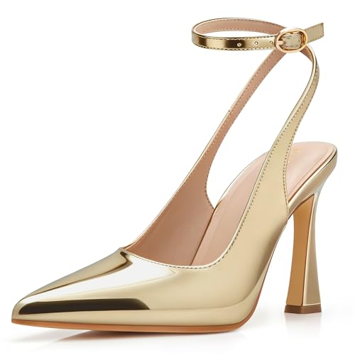 PARTY Womens Pointed Closed Toe Heels Stiletto Slingback High Heel for Women Dressy Pumps for Wedding and Office Work or Going Out Gold Patent-8.5