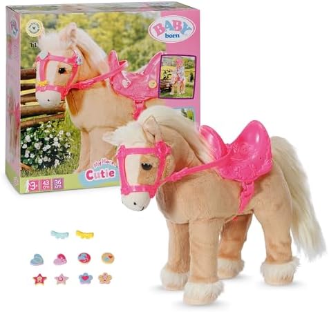 BABY Born Mein Pferd Cutie mit Transportbox | Lauf- und Soundfunktion, rosa Sattel, Zaumzeug, Pins zum Verzieren
