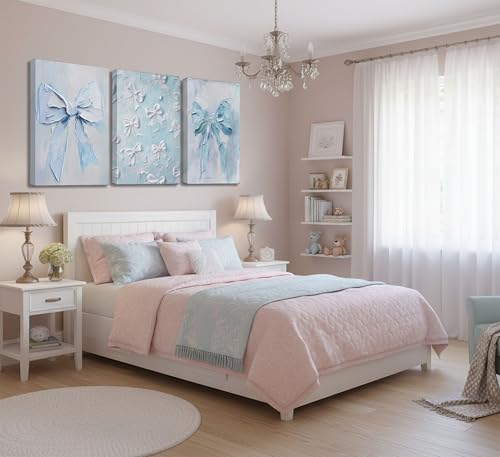 Image of 3Pcs Trendy Blue Bow Canvas Wall Art Vintage Cute Preppy Watercolor Bow Painting Pictures Wall Decor Posters Prints Girly Aesthetic for College Apartment Bedroom Decoration