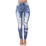 CRMY Jeans Damen Löcher Skinny Fit Lochjeans mit Taschen Stretch Elastisch Straight Jeans Schlank Zerrissene Jeggings Knopf Strecken Röhrenjeans Boyfriend Ripped Bleistifthose Denimhosen Damen