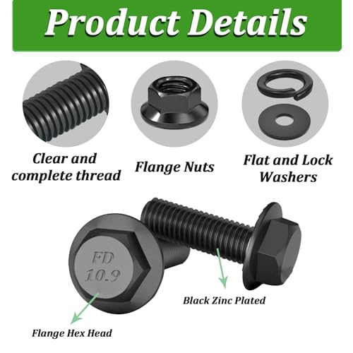 Image of 10 Sets M8-1.25 x 30mm Flanged Hex Head Bolts,Flange Nuts,Flat & Lock Washers,10.9 Black Zinc Plated,Full Thread,Alloy Steel