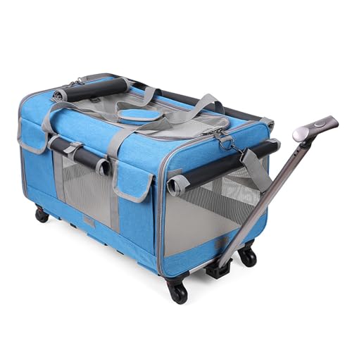 Grande gabbia per gatti con ruote, trasportino per animali domestici, con manico telescopico e ruote aggiornate, può contenere fino a 15 kg, perfetta per viaggi, passeggiate e campeggio (blu)
